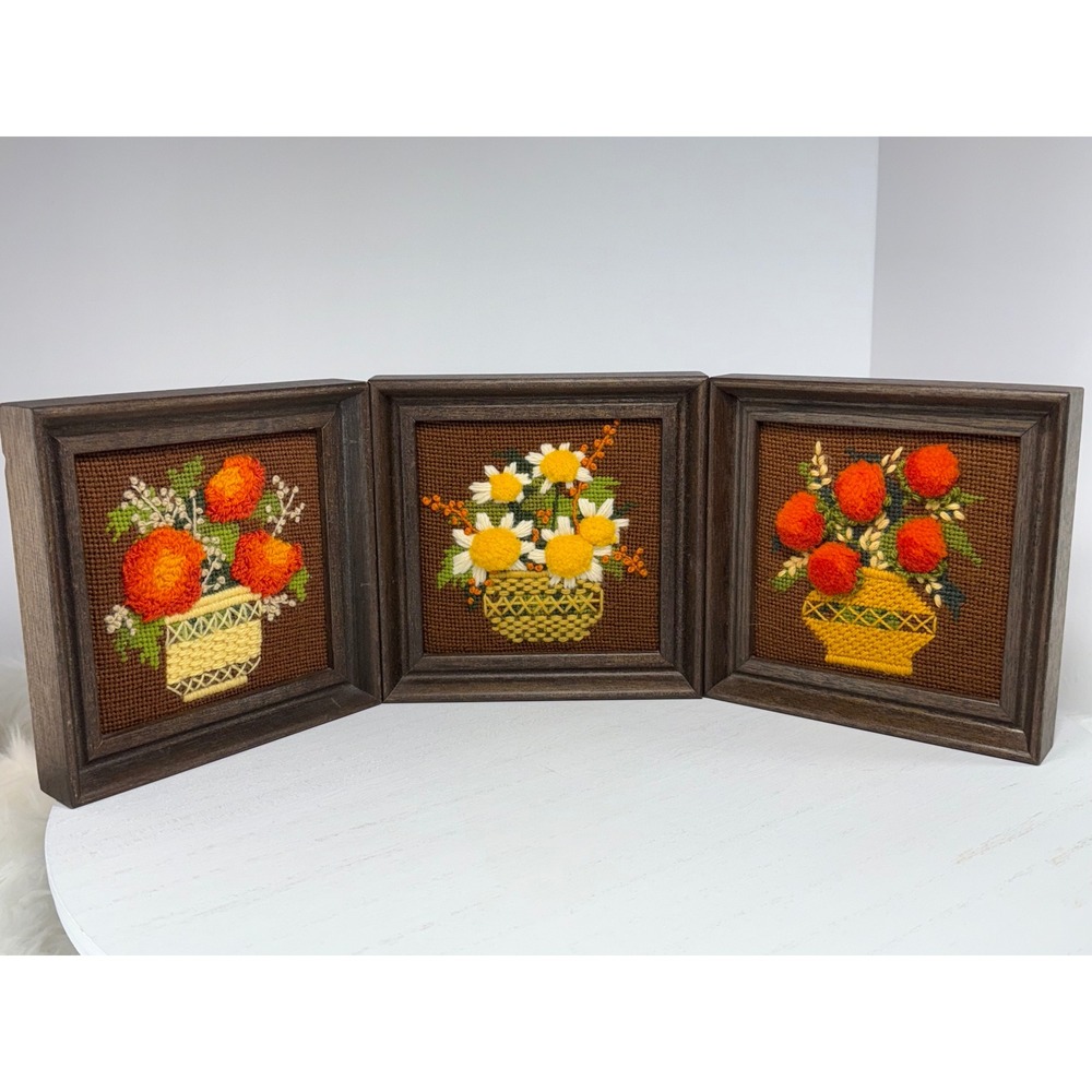 Triptych Vintage Needlepoint Floral Wall Art Set Orange Daisies Framed Brown